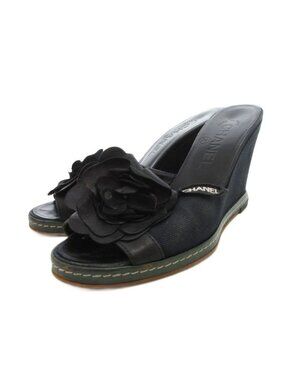 Chanel Camellia Sandals Leather 36.5 Black Wedge Sole Open Toe